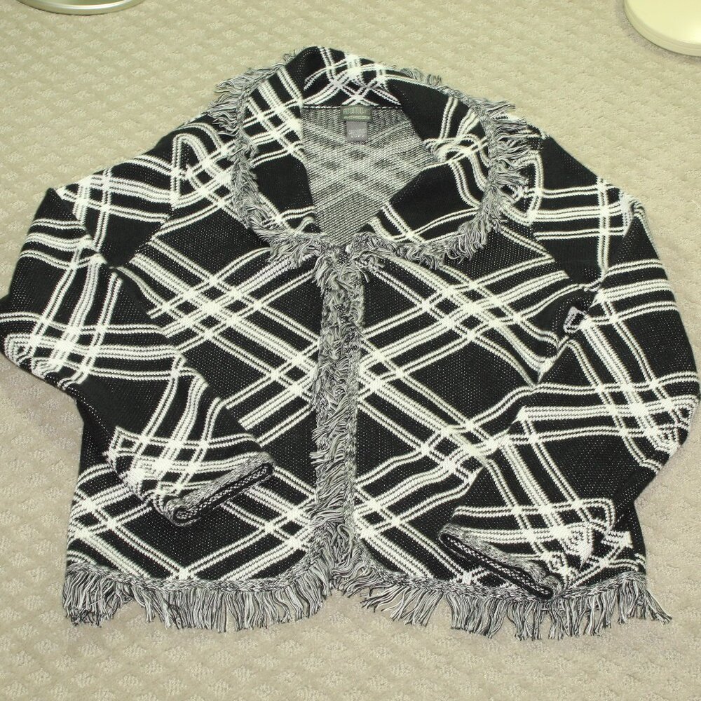 Additions by Chico's Size 2 / Women's 12 Woven Black White Fringed Jacket